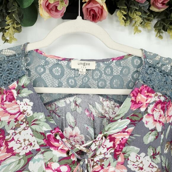 Umgee Gray and Pink Floral Long Sleeve Tunic Dress Small - Picture 3 of 12
